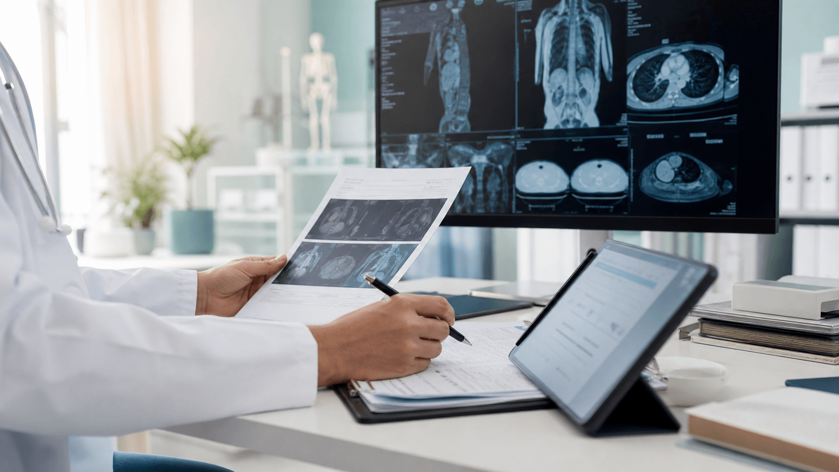 Doctor reviewing records and medical imaging before a China medical pathway decision